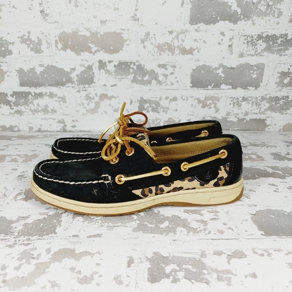 Sperry Topsider Women’s Black Leopard Angelfish Boat Shoes Flat Loafers D292 - Picture 1 of 8
